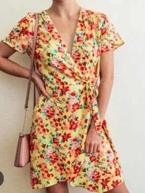 J. Crew Yellow Floral Wrap Mini Dress (A1)